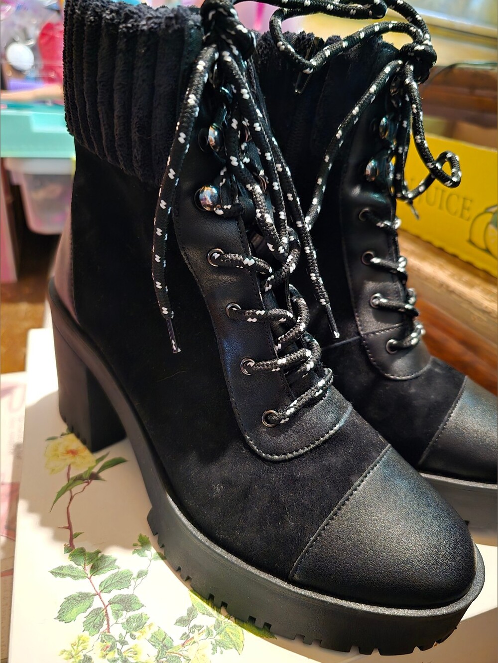 Chelsea & Violet Zaria Leather and Suede Lug Sole Platform Boots black 8.5